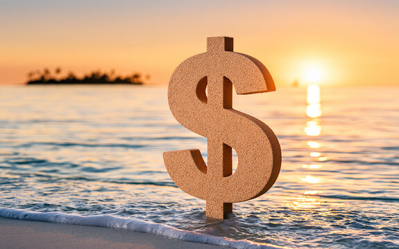 A textured dollar sign symbol stands upright on wet sand near the ocean shoreline during a warm golden sunset with gentle waves rolling in.
