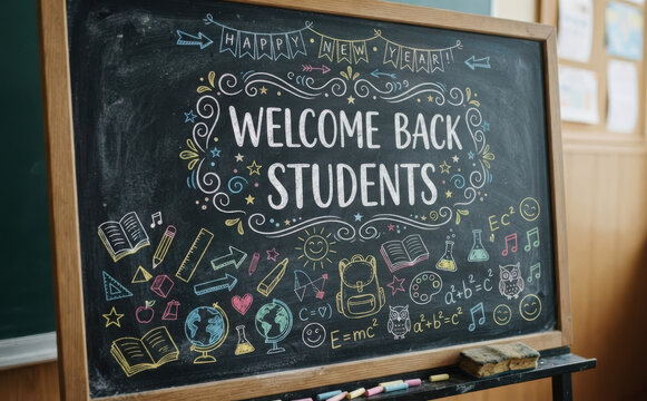 Welcome Back Students Chalkboard Sign with Educational Illustrations for First Day of School Concept and Classroom Decor