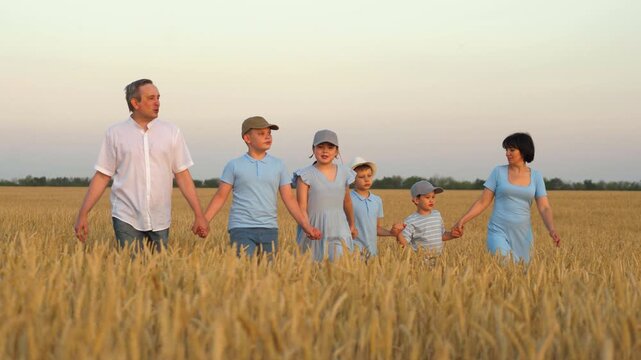 happy family, parents man woman holding children hands sunset park, mother father parents kid outdoors nature, summer play agricultural, father son sports, joy in nature, travel son business, tall