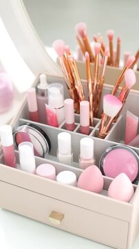 Organizer with different makeup products and brushes on vanity indoors. Camera moving right
