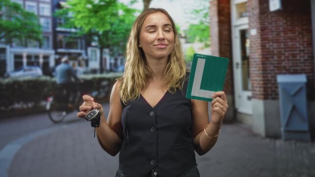 Woman blonde holding car keys and green learner plate on street beside brick building, hand holding keyfob, skeptical expression; frustration doubt.