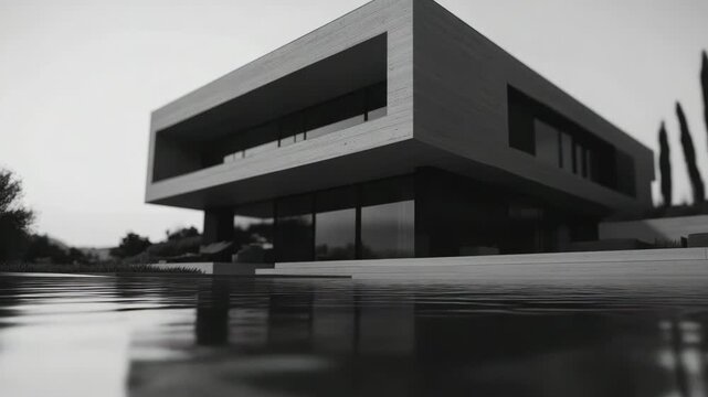 Contemporary architectural marvel in black and white, with reflections on the water below.