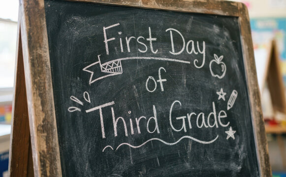 Chalkboard sign for the first day of third grade in a classroom setting, perfect for back to school educational concepts and children learning photography