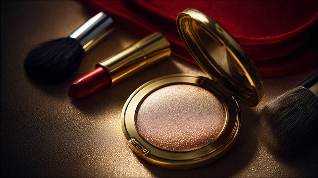 Glamorous arrangement of beauty products including a sparkling face powder compact, red lipstick, and makeup brushes on a golden surface