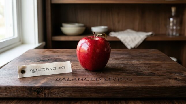 Fresh red apple sits on a rustic wooden board engraved with balanced living and a small quality is a choice tag in a kitchen setting. Perfect for wellness and healthy lifestyle and food concepts.