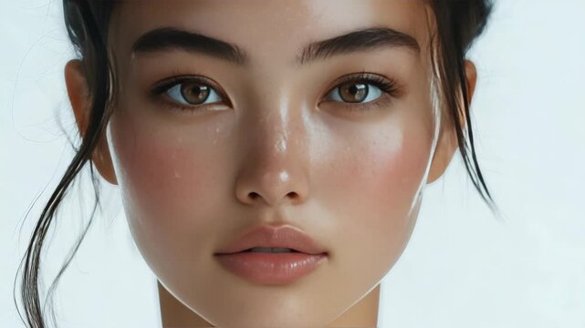 A high-resolution featuring a female individual with radiant complexion and striking features.