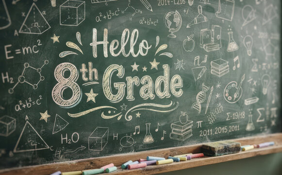 Hello 8th Grade Chalkboard Welcome Back to School Concept with Educational Doodles and Math Formulas for Students and Teachers