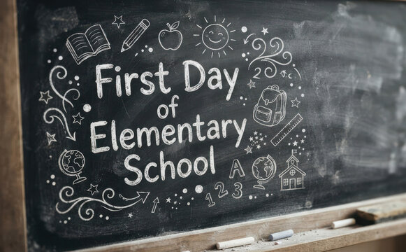 First Day of Elementary School Blackboard Chalkboard Sign with Doodles for Education Concept