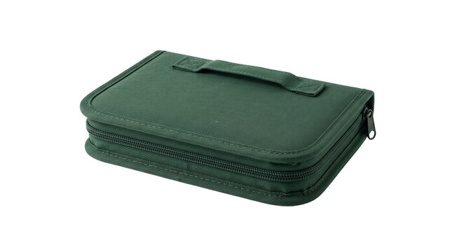 Closed dark green zippered storage case with fabric handle PNG Isolated on transparent background