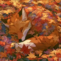 Naklejka premium Fox sleeps comfortably in a colorful pile of autumn leaves while surrounded by trees during the fall season.