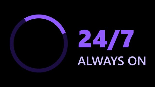 24 7 Always On Purple Neon Sign Concept Animated Loop with Loading Circle Progress Bar