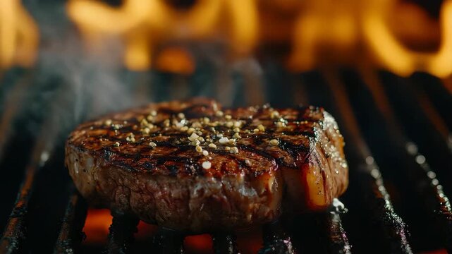 Close-up of a deliciously cooked steak sizzling on a charcoal grill.