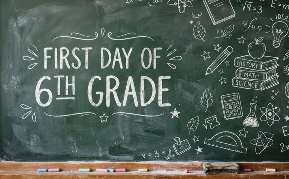 First Day of 6th Grade Blackboard Chalkboard Background with School Supplies Icons and Math Science Education Concept