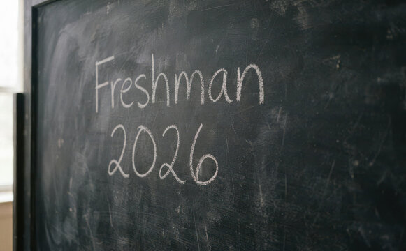 Chalkboard writing Freshman 2026 for high school or college orientation education concept