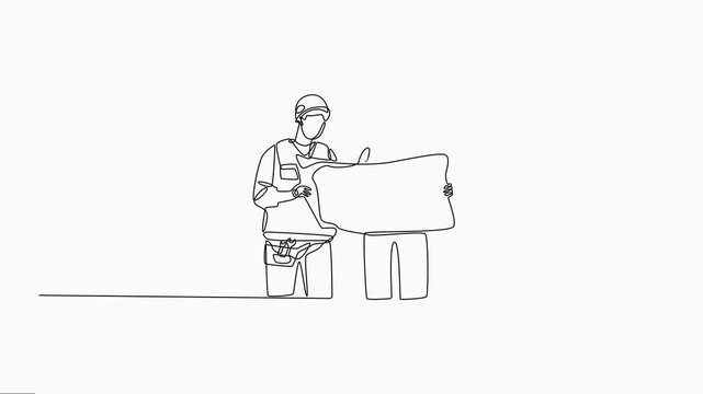 Animation of one line drawing of architects and manager meeting at construction site to discuss design. Building architecture business concept. vector on white background.