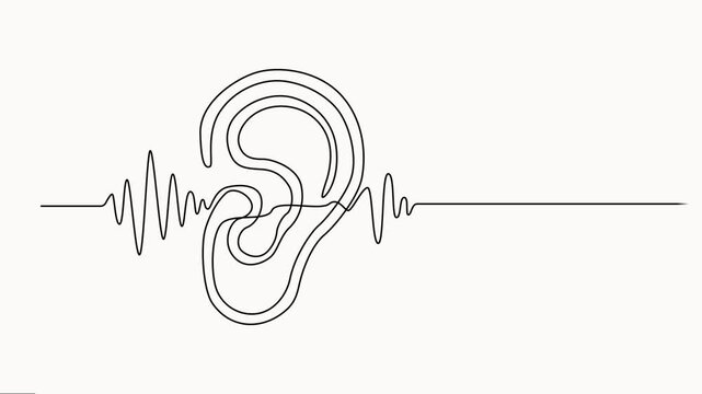 Self drawing animation of hearing aid in a human ear drawn with a continuous sound wave continuous one line. Hearing device with sound waves: minimal single-line illustration, motion graphic animation