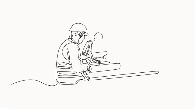 Animation of one line drawing of architects and manager meeting at construction site to discuss design. Building architecture business concept. vector on white background.