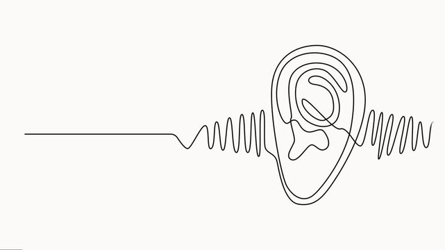 Self drawing animation of hearing aid in a human ear drawn with a continuous sound wave continuous one line. Hearing device with sound waves: minimal single-line illustration, motion graphic animation