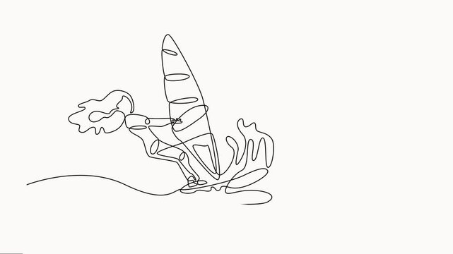 Full length one line animation self drawing of single continuous line draw young sporty surfer woman play windsurfing in the sea, a sea sports concept. Summer holiday vacation vector.
