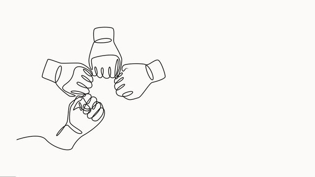 business people unite their hands together to form a circle shape. Teamwork unity concept continuous line draw. Full-length one-line animation video.