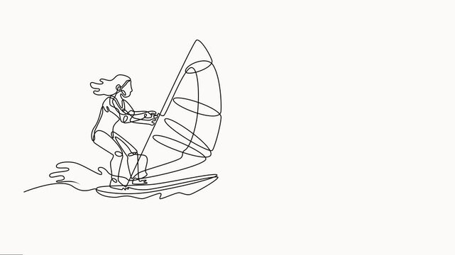 Full length one line animation self drawing of single continuous line draw young sporty surfer woman play windsurfing in the sea, a sea sports concept. Summer holiday vacation vector.