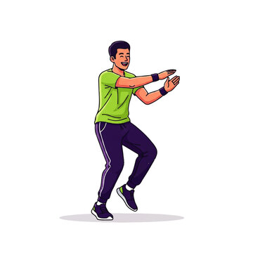 Happy man in green shirt and purple sweatpants exercising vector illustration