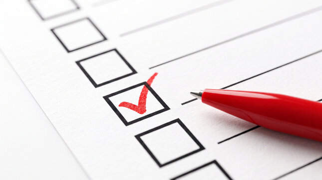 Close up of a red pen checking a box on a questionnaire