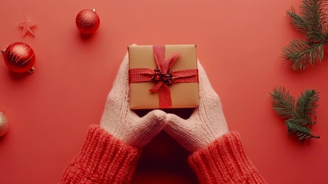 A person is opening a beautifully wrapped present with Christmas decorations around it. The excitement of receiving a special gift during the holiday season.
