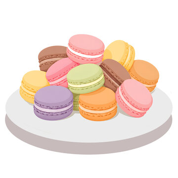 Delicious assorted French macarons in various pastel flavors piled high on a white plate vector illustration