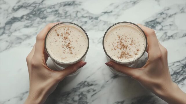 Two hands hold glasses filled with creamy beverage. Cinnamon sprinkles top surface of each drink. Marble countertop reflects soft ambient light. Hands rest steady, presenting shared moment