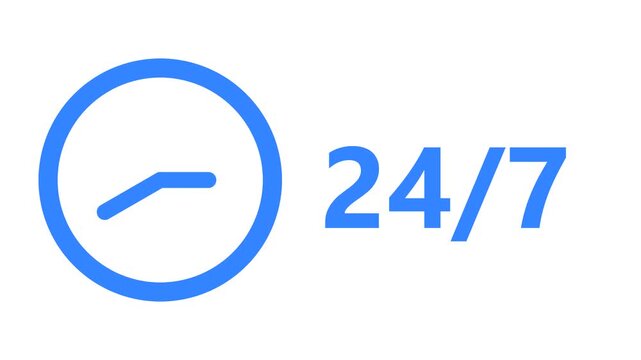 Blue twenty four seven service clock symbol animation for continuous business support concepts