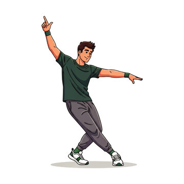 Illustration of young man dancing in green t-shirt and grey joggers