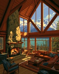 Obraz premium A cozy lodge interior shows a fireplace, large windows, and a view of mountains and trees. Visitors relax in warm tones and a friendly atmosphere.