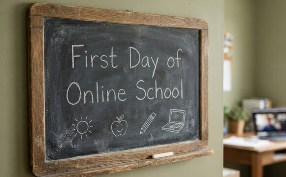 Chalkboard with First Day of Online School message for remote learning and education concept