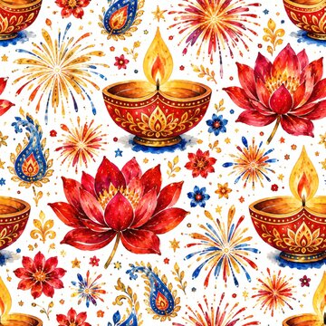 Seamless Diwali Pattern with Diyas, Lotus Flowers, and Fireworks