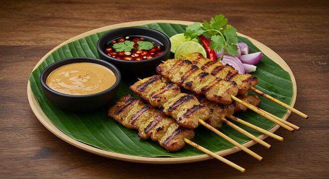 Grilled Chicken Satay Skewers with Peanut Sauce and Sweet Chili Dip on Banana Leaf Plate.