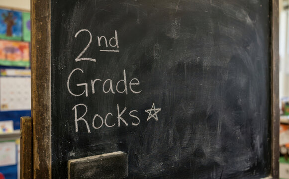 Blackboard with 2nd grade rocks written in chalk in a classroom for elementary education and school concepts