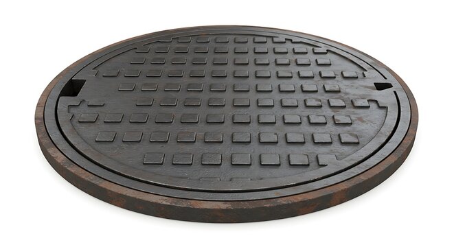 Heavy Duty Cast Iron Manhole Cover with Textured Grid Pattern on White Background.