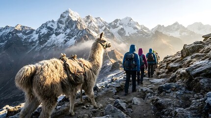 Naklejka premium Adventurous Group Hikers with Llama on Mountain Trail
