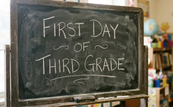 First day of third grade chalkboard sign in classroom setting for back to school education concept