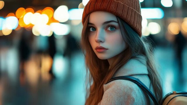 A young woman with long hair and a beanie hat, captured in an urban environment at night.