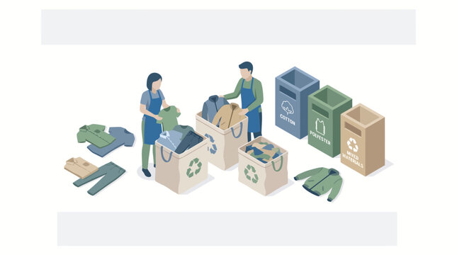 People sorting used clothing for donation and recycling in an eco friendly facility.
