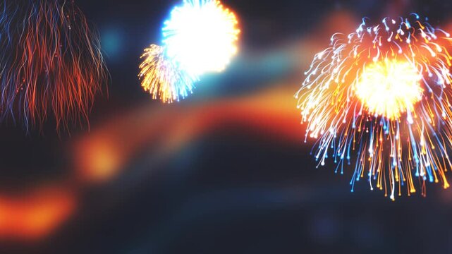 3D Render A mesmerizing sequence of fireworks bursting into the night sky, captured with a fixed upward-facing perspective