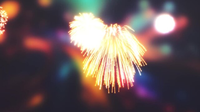 3D Render A vibrant fireworks display with a large golden firework exploding into the night sky, followed by a heart-shaped formation and various colorful bursts