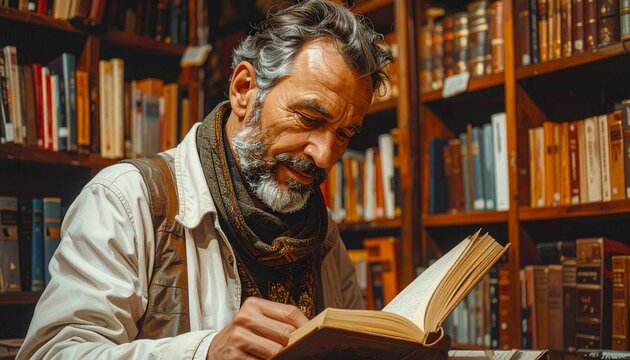 Mature man enjoying mini retirement reading vintage books in a cozy library bookstore