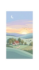 Fototapeta premium Scenic Rural Landscape with Car Driving on a Road Near Beach, Village Houses, Green Fields, Trees, Mountains and Bright Summer Sky Vector Illustration