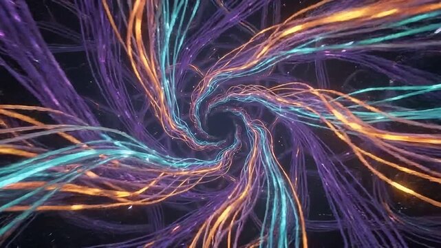 Abstract Glowing Fiber Optic Cables Swirling in a Spiral Tunnel for High-Speed Data Transfer, Futuristic Digital Connectivity Motion Graphics