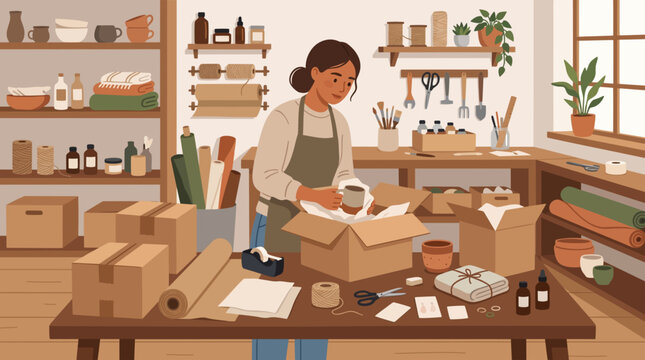 A woman busy packaging items in a workshop. The workshop has shelves stocked with various items, crafting supplies and tools, and a large table covered with packing materials.