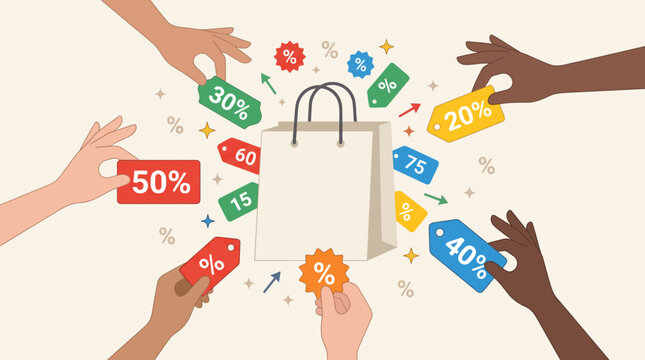 Hands reaching for shopping bags and discount tags, representing a sale or promotion