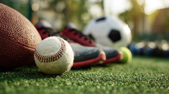 Sports equipment including football, baseball, soccer ball, running shoes, and tennis ball on